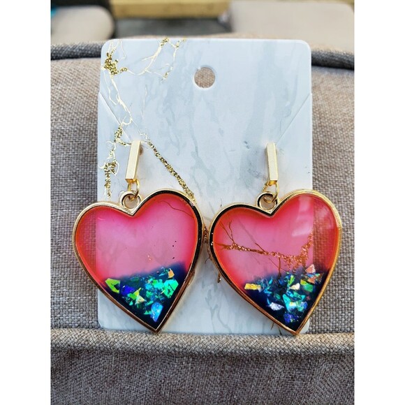 Gold colored Art Handmade Resin Glitter Heart Earrings Tones Verdes Jewelry - Picture 3 of 5